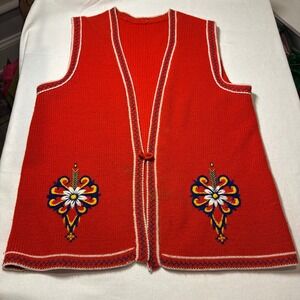 Vintage Handmade‎ Red Knit Vest Folk Art Embroidery Knot Closure Women's Medium